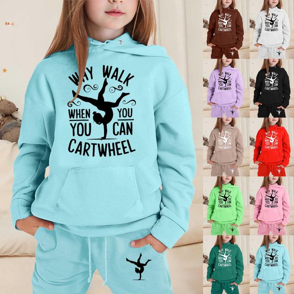 LRen Toddler Sweatsuit Purple Cartoon Print Round Neck Long Sleeve Warm Hoodie Sweatshirts and Sweatpants Casual Children Fall Clothes for Teen Girls,Pink,8-9 Years