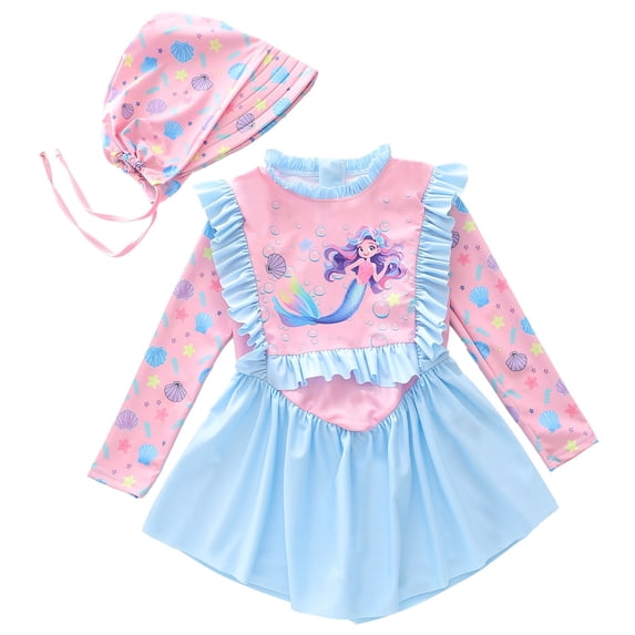 LRen Toddler Swimsuit Girl 6t Long Sleeve Swimsuit Two Piece Rash Guard Bathing Suit Upf 50+ Summer Swimwear Loose Fit Crew Neck Beachwear Girls Tankini Swimsuit