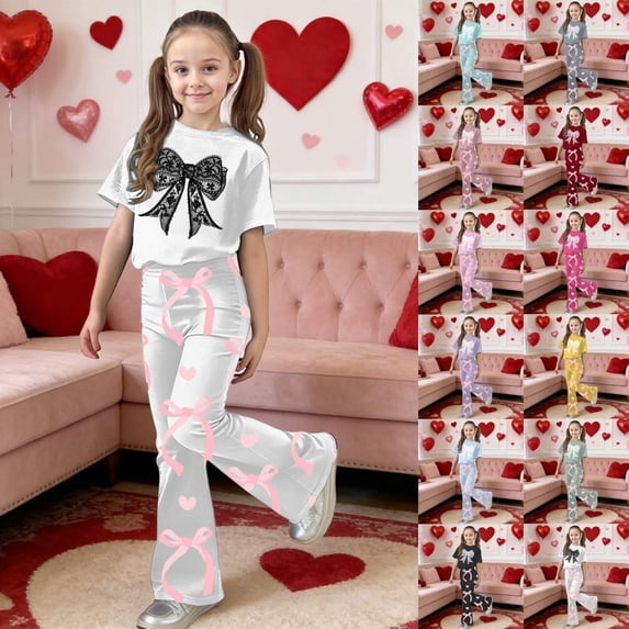 LRen Toddler Valentines Outfit Girl, 2 Piece Bow Heart Graphic Funny Short Sleeve Tee Tops and Bow Flare Pants Sets Back To School Summer Clothes