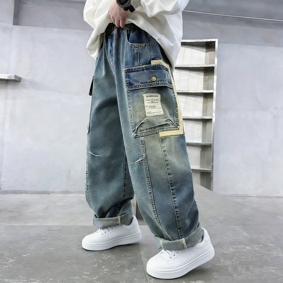 LRen White Ripped Jeans for Men High Waisted Solid Color Baggy Denim Pants Boys Loose Fit Classic Fashion Trousers Streetwear with Pockets,Blue,9-10 Years