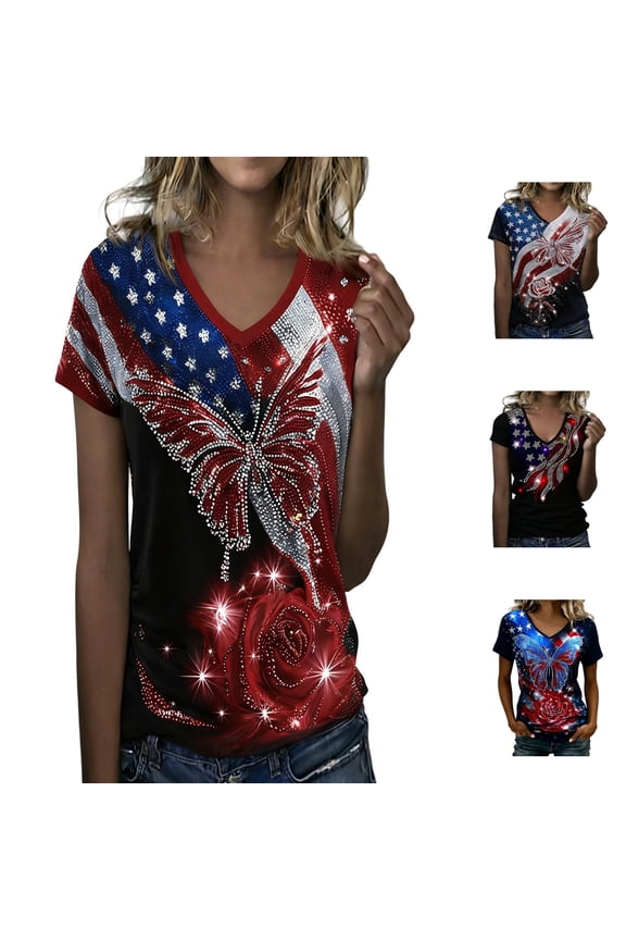 Women's American 250th Anniversary V Neck Sparkling Print T-Shirt Women Patriotic Flag Rose Printed Tops American 1776-2026 250th Birthday Trendy Streetwear Tops