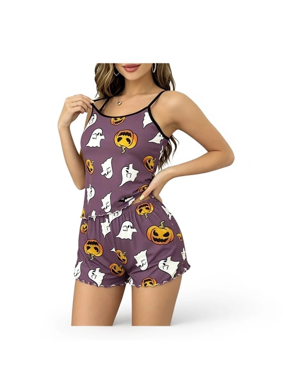 Womens Halloween Pajamas Set Pumpkin Ghost Print Silk Satin Lettuce Cami Tops And Shorts Home Sleepwear Pjs Sets 2 Pieces Halloween Gifts