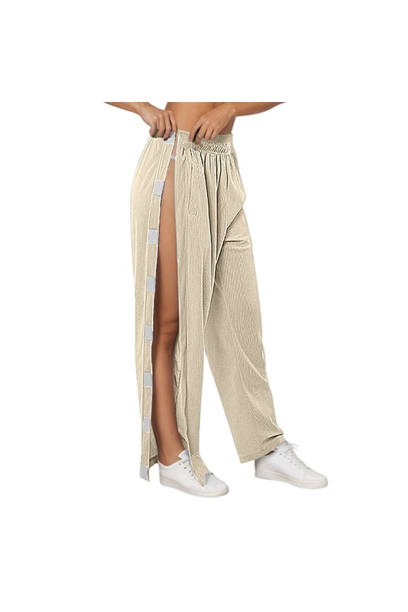 Womens Tear Away Pants Sides Full Open Sweatpants Double Slider Zip Off Post Surgery Pant with Pockets,Beige,XXL