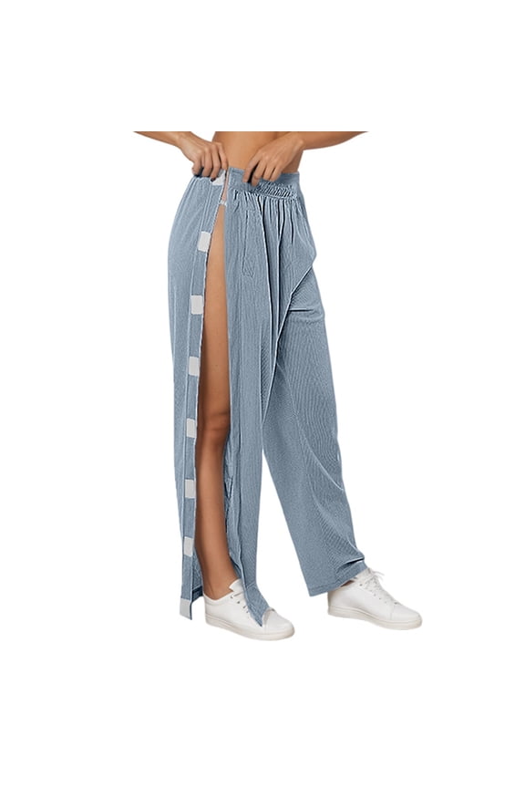 Womens Tear Away Pants Sides Full Open Sweatpants Double Slider Zip Off Post Surgery Pant with Pockets,Light Blue,XL