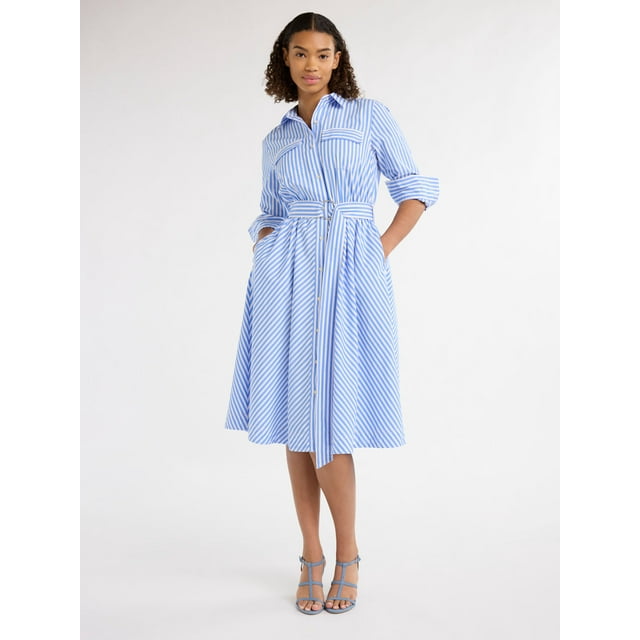 Free Assembly Women and Women's Plus Belded Midi Shirtdress Long sleeve, size XS -4 x