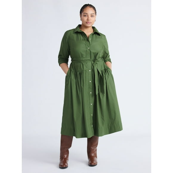 Free Assembly Women's and Women’s Plus Belted Cotton Maxi Shirtdress with Long Sleeves, Sizes XS-4X