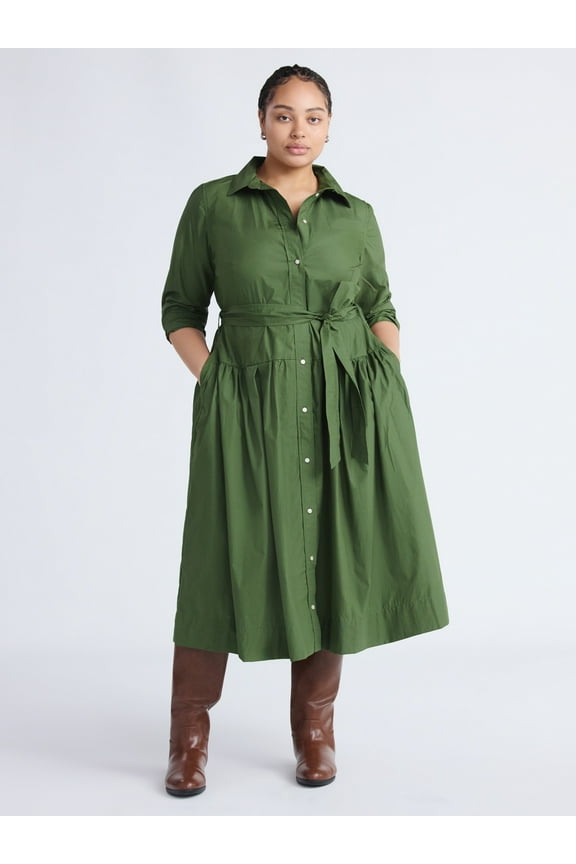Women's and Women’s Plus Belted Cotton Maxi Shirtdress with Long Sleeves, Sizes XS-4X