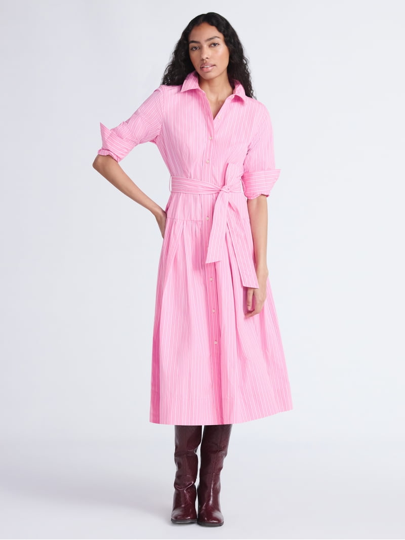 Free Assembly Women's and Womens Plus Belted Cotton Maxi Shirtdress with  Long Sleeves, Sizes XS-4X