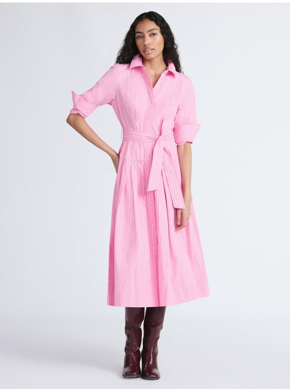 Women's and Women’s Plus Belted Cotton Maxi Shirtdress with Long Sleeves, Sizes XS-4X