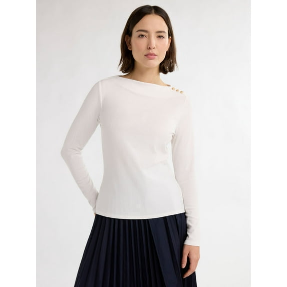 Free Assembly Women’s and Women's Plus Boatneck Top with Long Sleeves, Sizes XS-4X