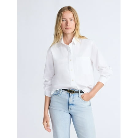 Free Assembly Women's Boxy Cotton Button Front Tunic Shirt with Long Sleeves, Sizes XS-XXL