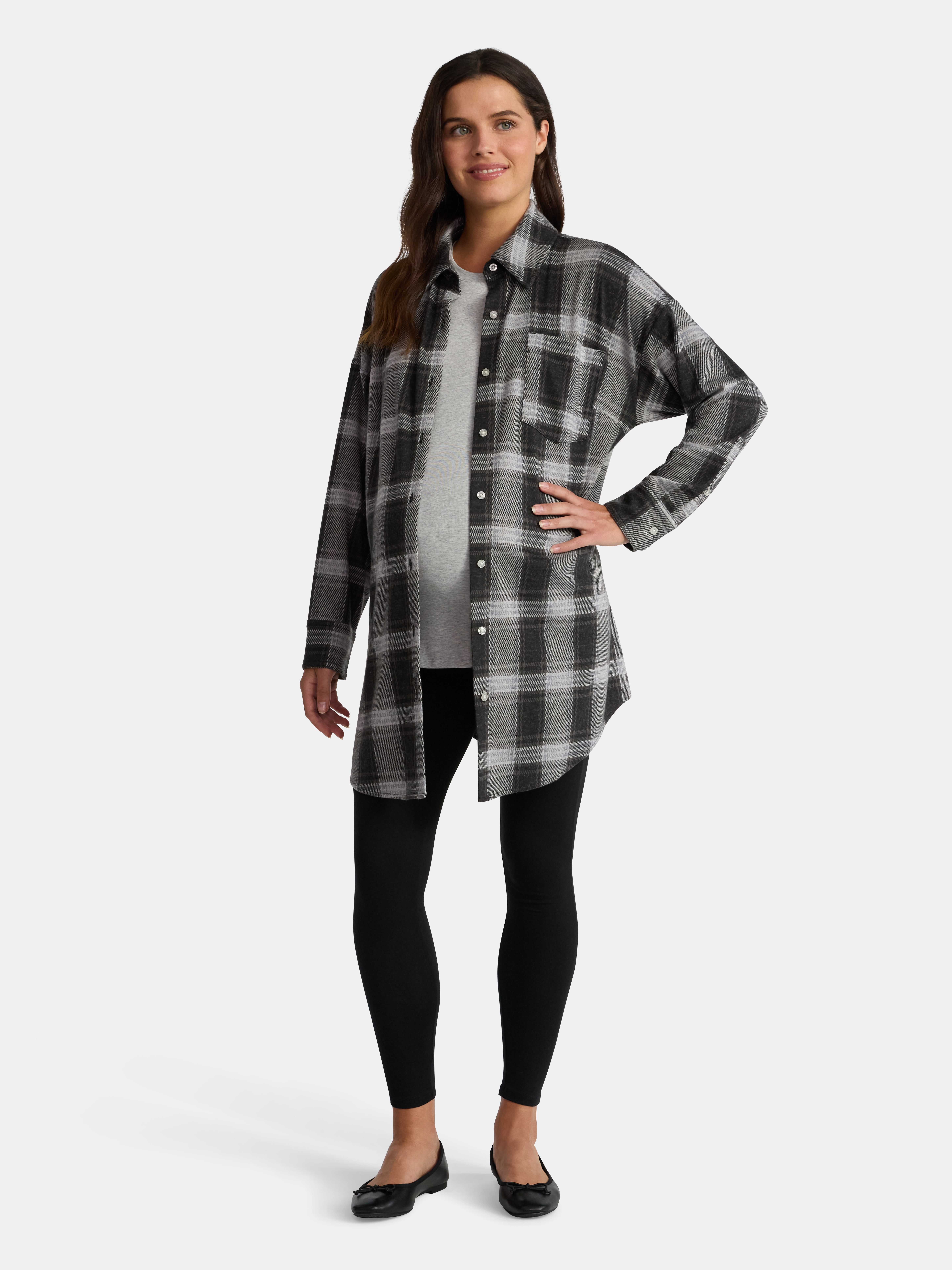 Time and Tru Women's Maternity Boyfriend Button Up Shirt with Long Sleeves, Size S~XXL