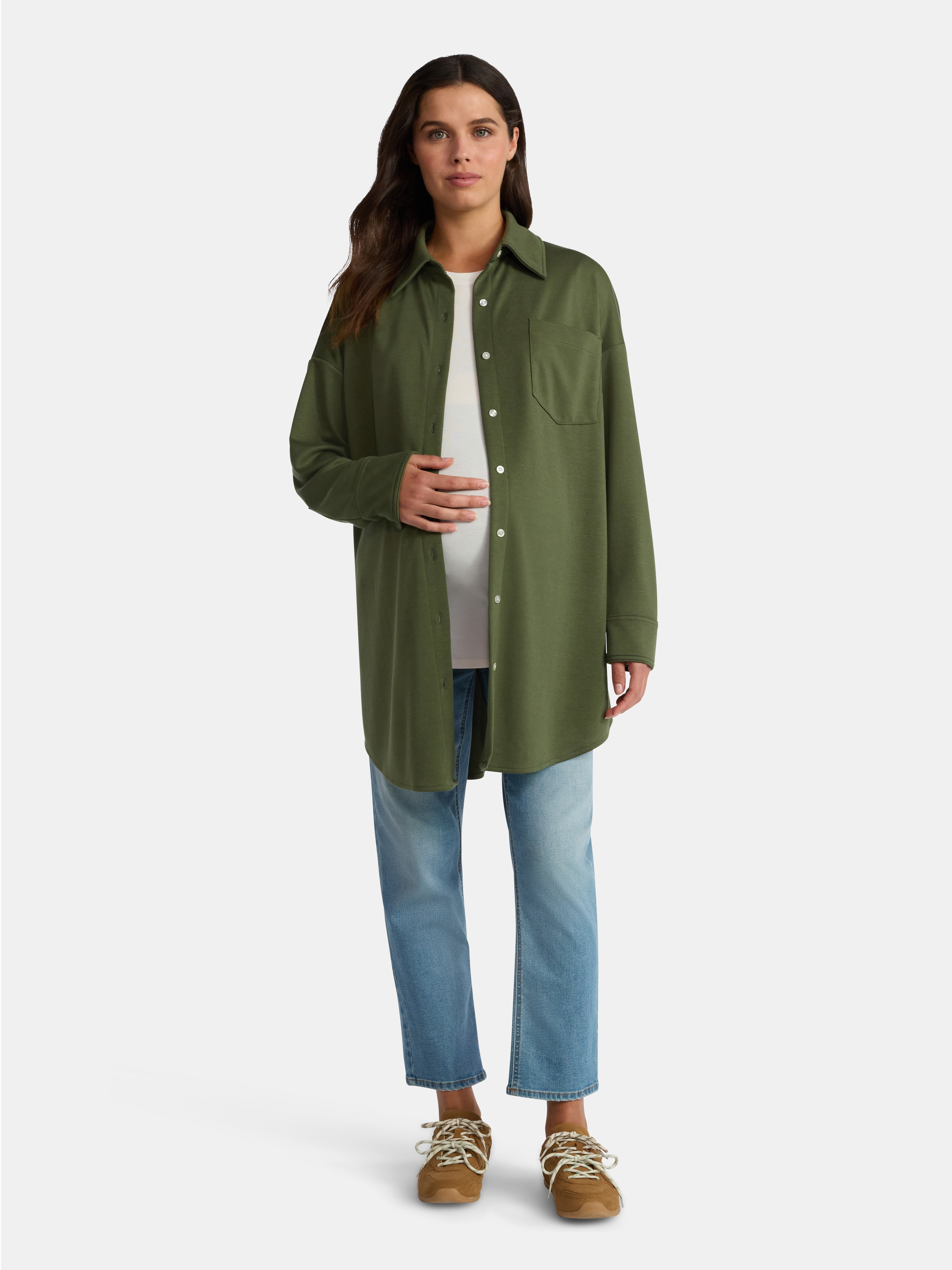 Time and Tru Women's Maternity Boyfriend Button Up Shirt with Long Sleeves, Size S~XXL