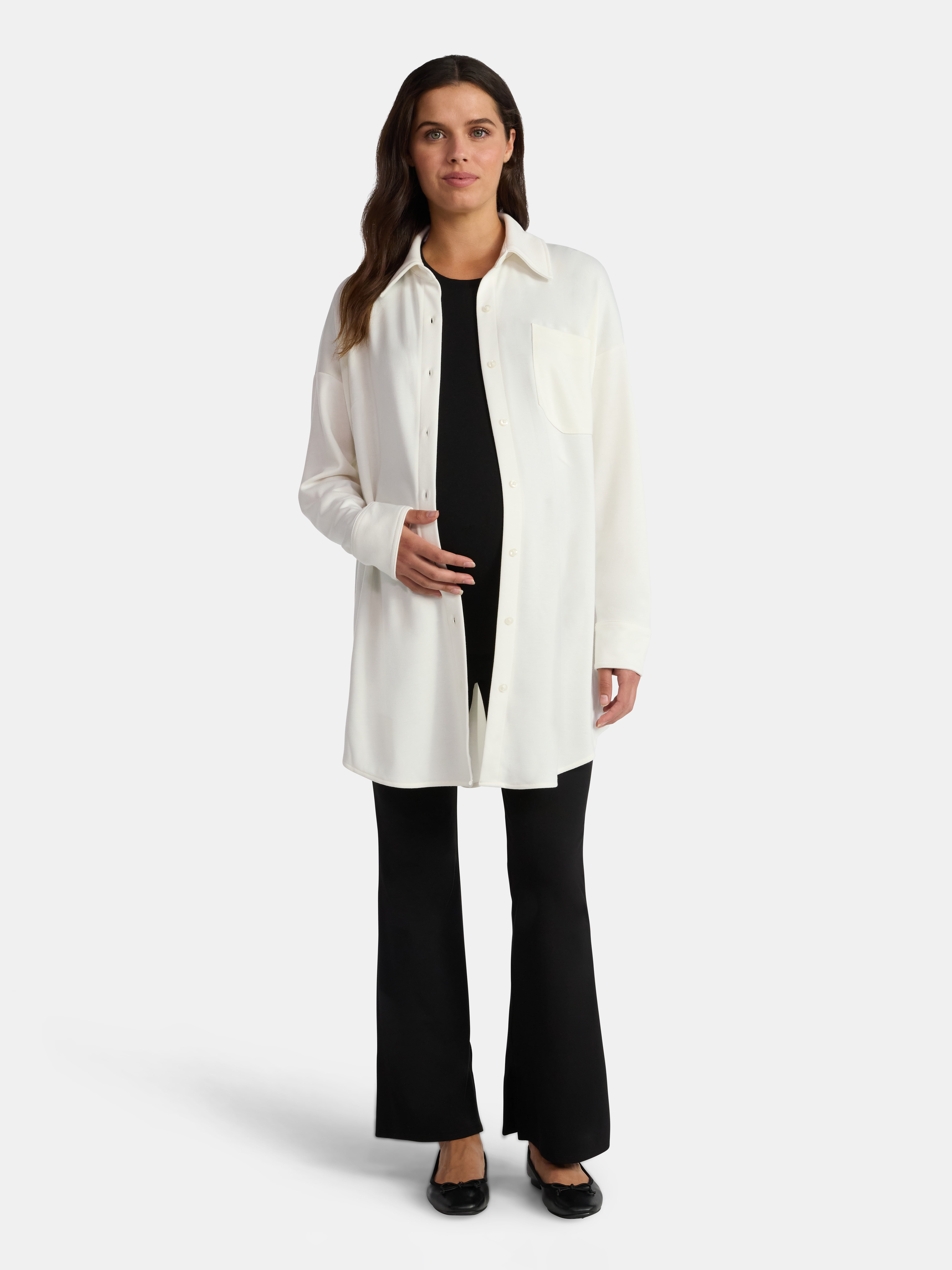 Time and Tru Women's Maternity Boyfriend Button Up Shirt with Long Sleeves, Size S~XXL