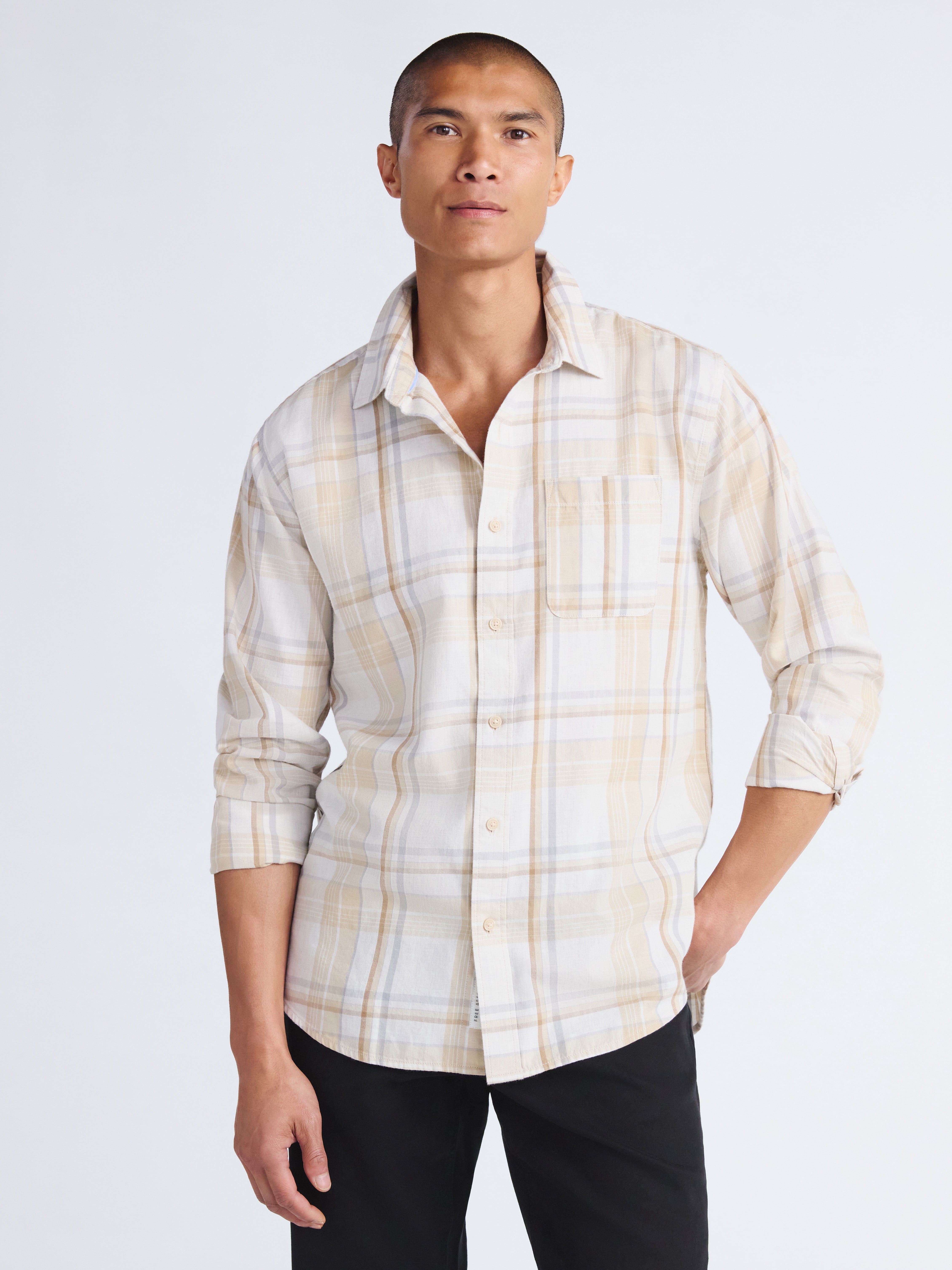 Free Assembly Men's Brushed Cotton Twill Button Front Shirt with Long Sleeves, Sizes XS-3XL