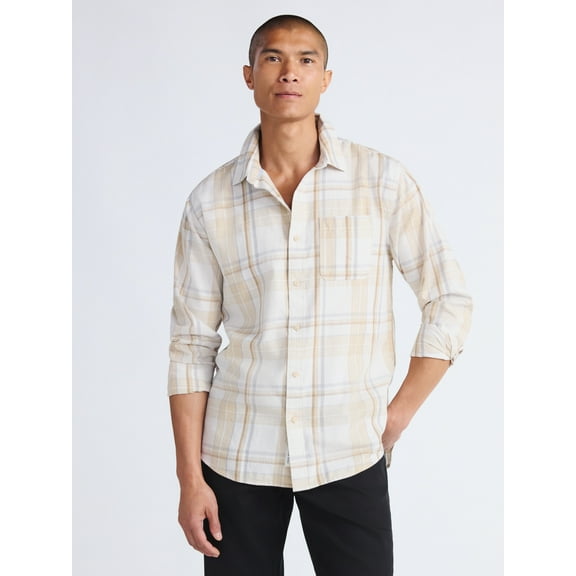 Free Assembly Men's Brushed Cotton Twill Button Front Shirt with Long Sleeves, Sizes XS-3XL