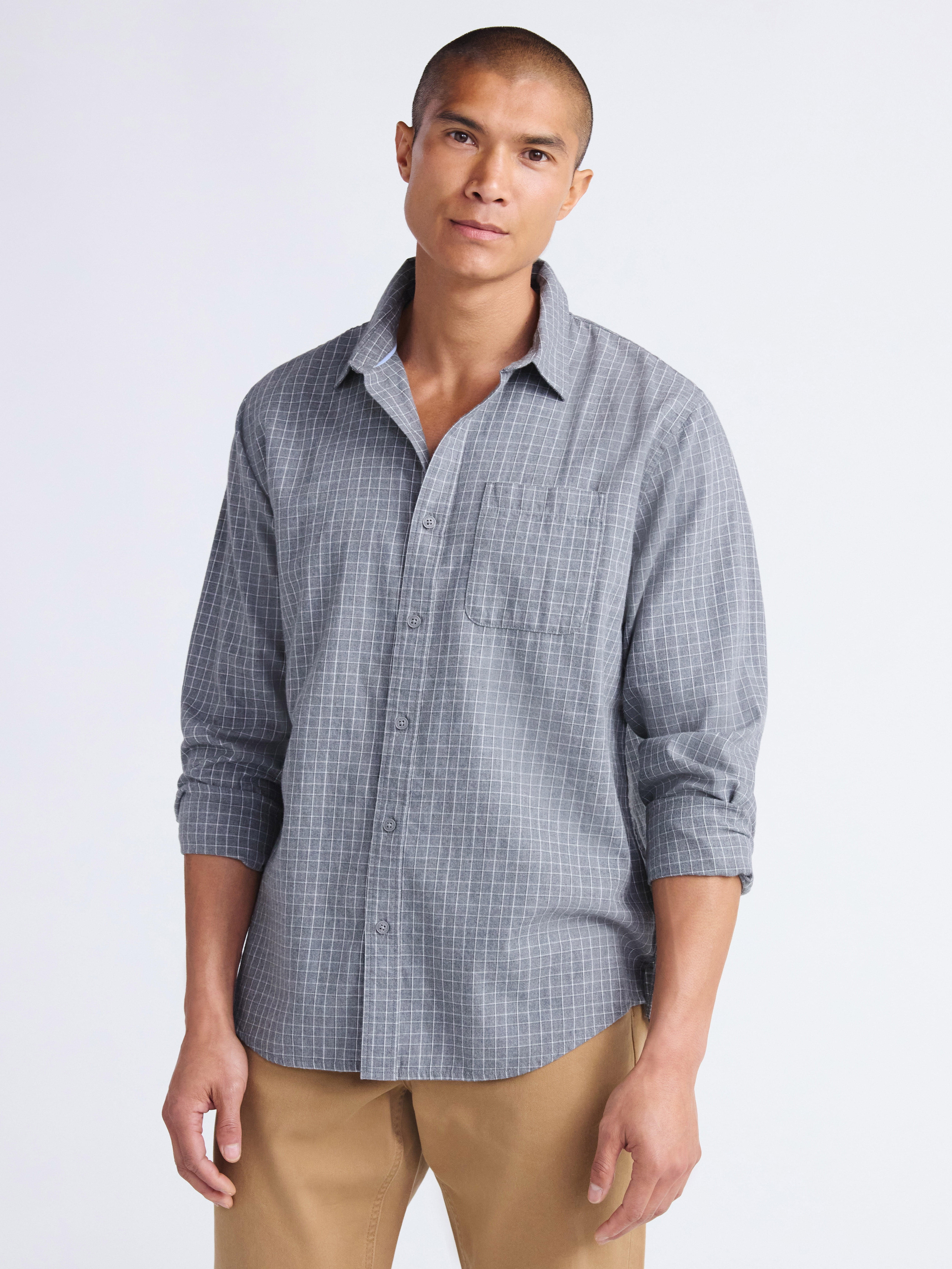 Free Assembly Men's Brushed Cotton Twill Button Front Shirt with Long Sleeves, Sizes XS-3XL