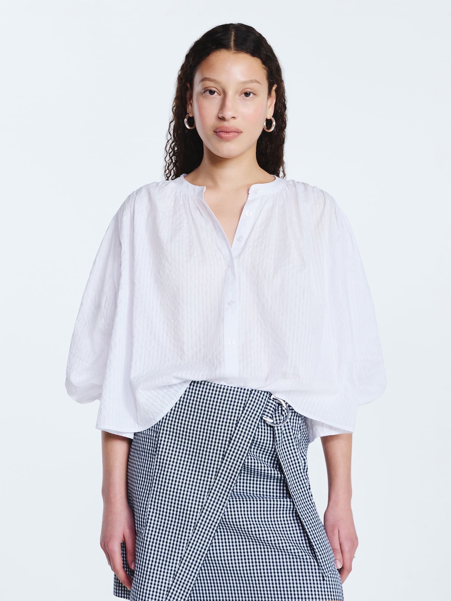 Free Assembly Women's Shirred Cotton Button Down Blouse with Long Sleeves, Sizes XS-XXL