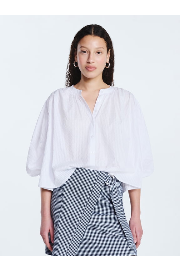 Women's Shirred Cotton Button Down Blouse with Long Sleeves, Sizes XS-XXL