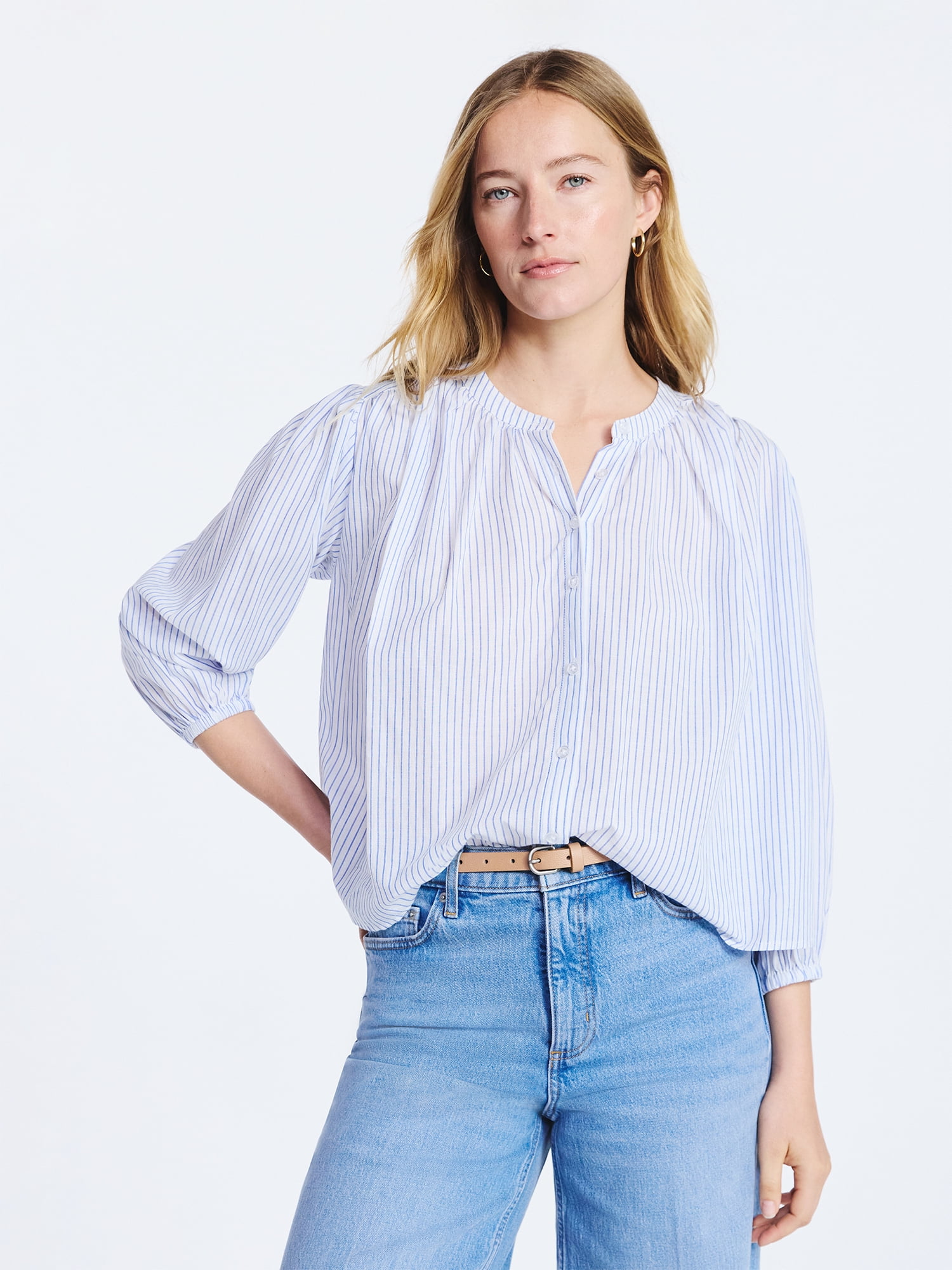 Free Assembly Women's Shirred Cotton Button Down Blouse with Long Sleeves, Sizes XS-XXL