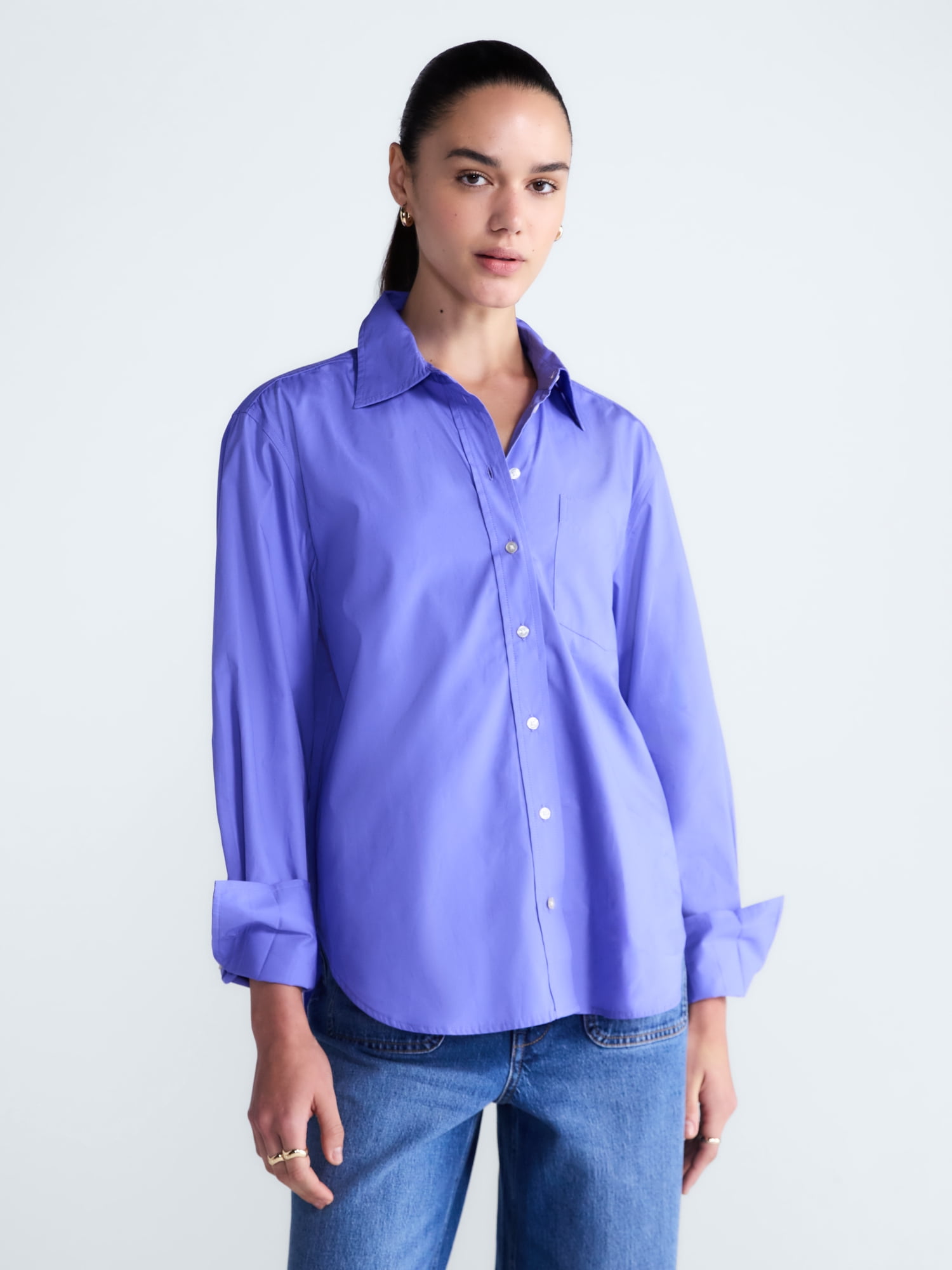 Free Assembly Women's and Women's Plus Button Front Cotton Shirt with Long Sleeves, Sizes XS-4X