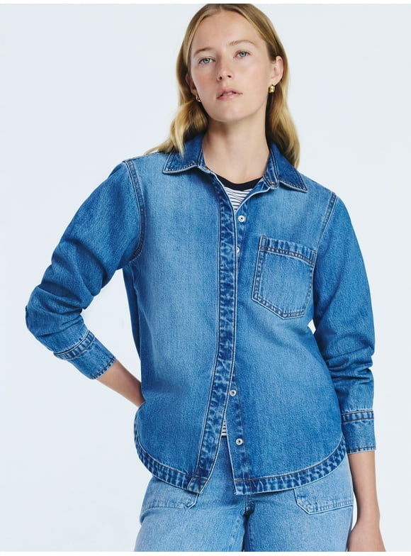 Women's Button Up Denim Shirt with Long Sleeves, Sizes XS-XXL