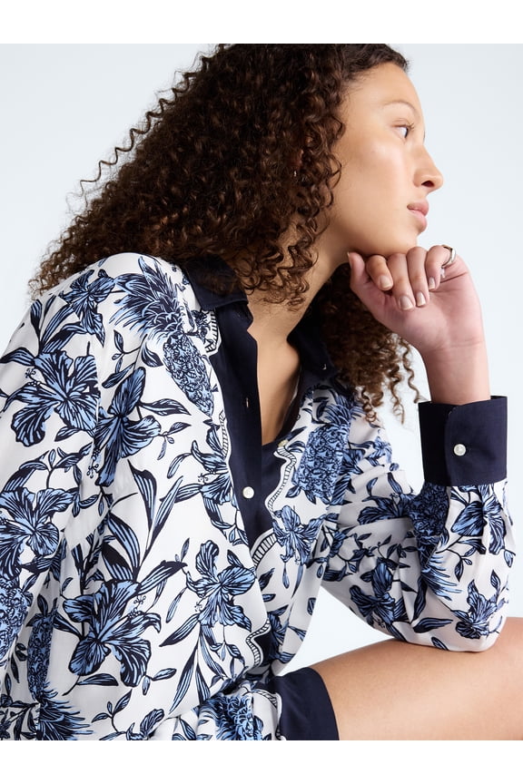 Women's and Women’s Plus Pineapple Print Shirt with Long Sleeves, Sizes XS-4X