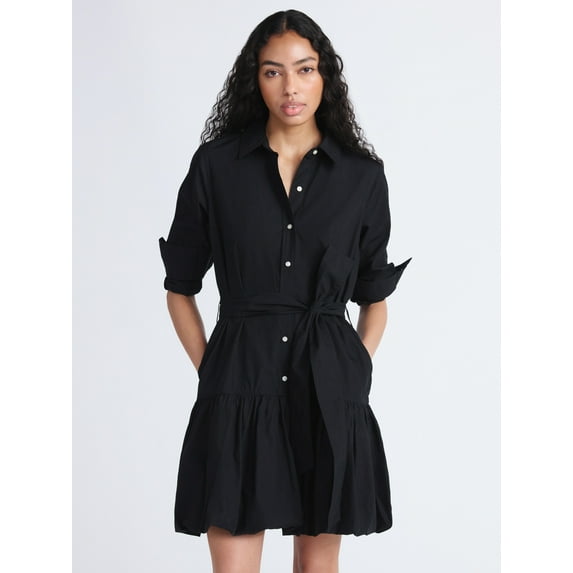 Free Assembly Women's Belted Bubble Hem Cotton Mini Dress with Long Sleeves, Sizes XS-XXL
