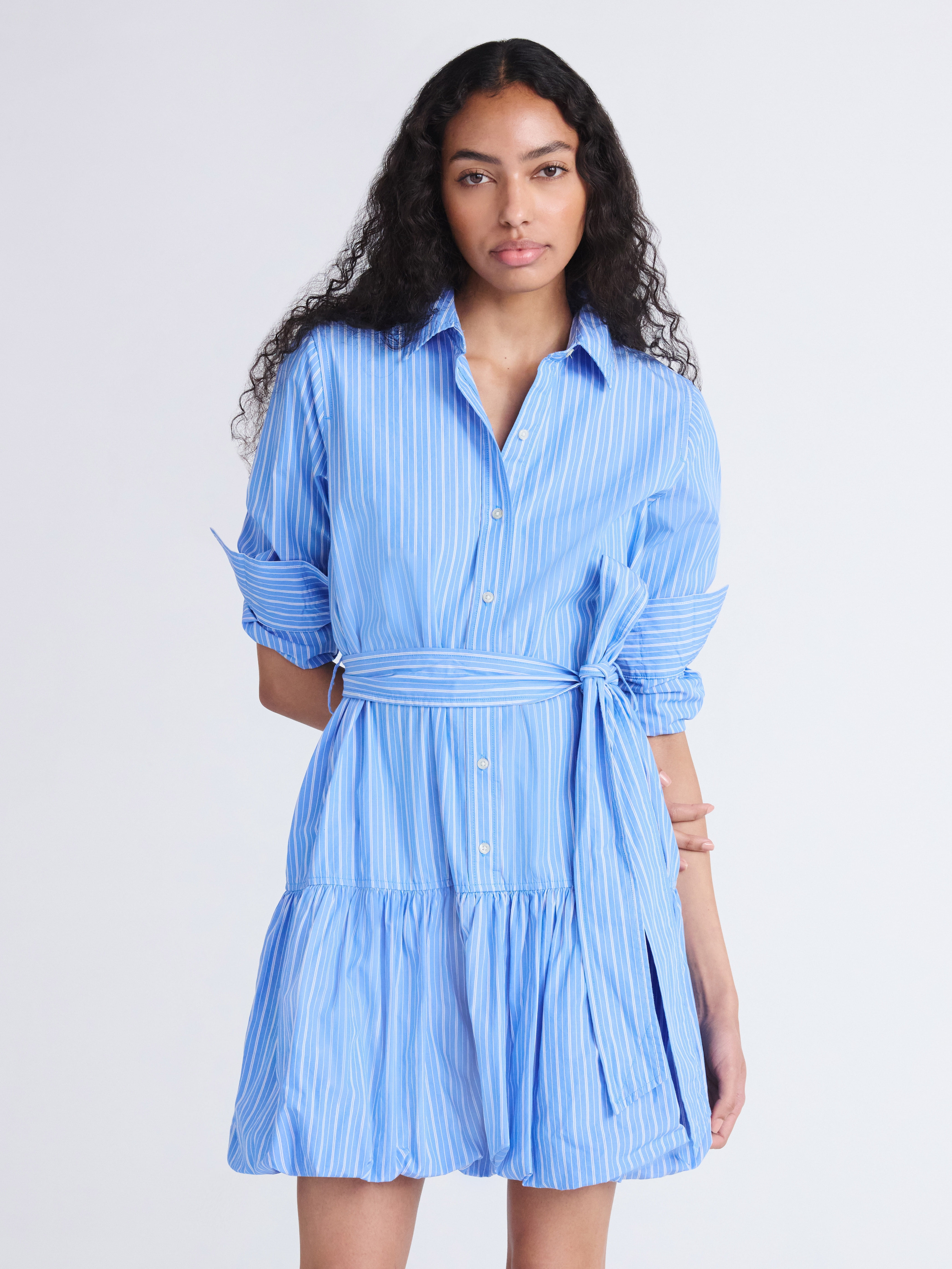 Free Assembly Women's Belted Bubble Hem Cotton Mini Dress with Long Sleeves, Sizes XS-XXL