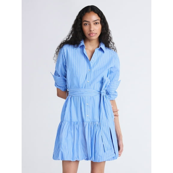 Free Assembly Women's Belted Bubble Hem Cotton Mini Dress with Long Sleeves, Sizes XS-XXL