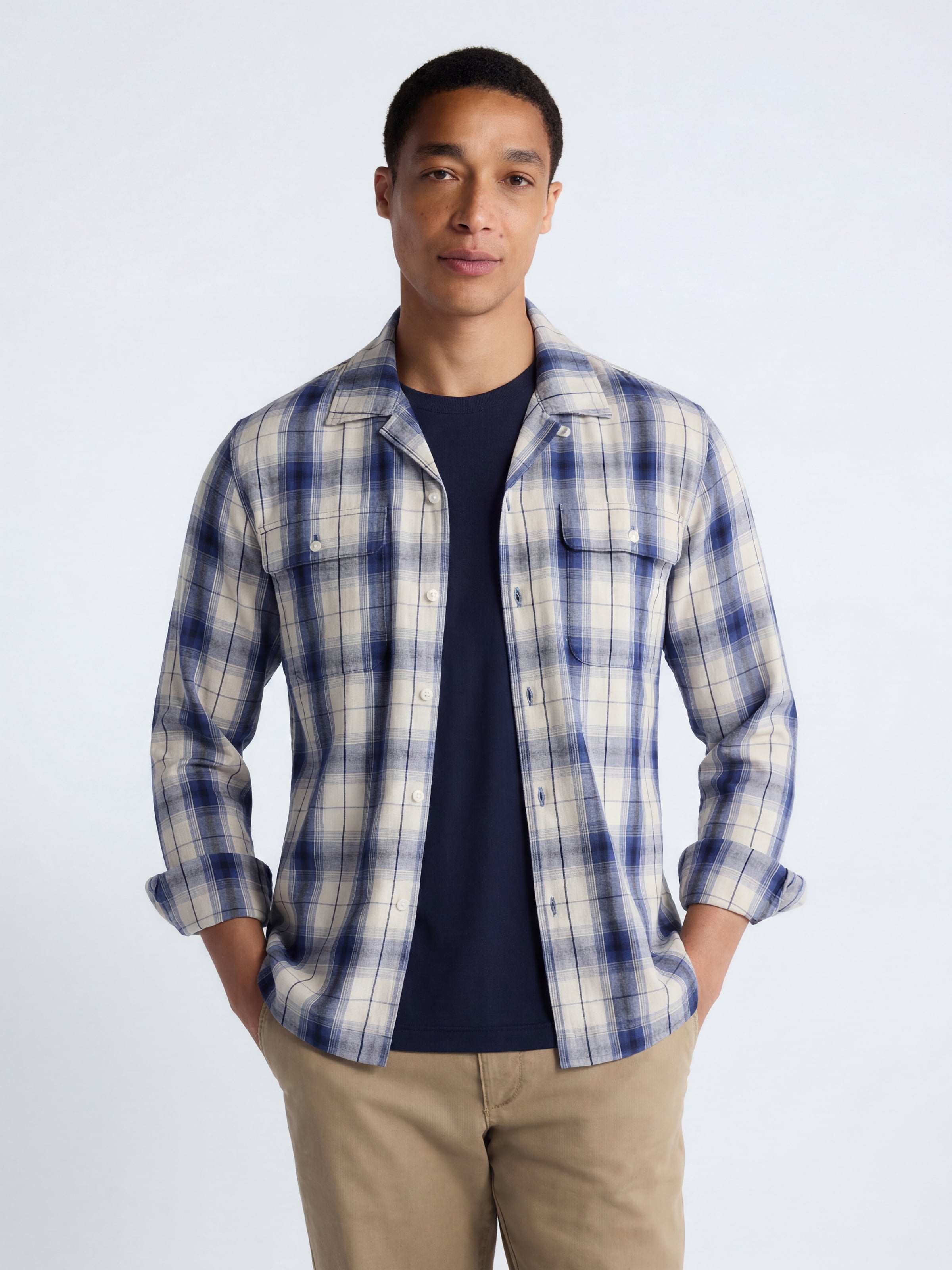 Free Assembly Men's Cotton Camp Shirt with Long Sleeves, Sizes S-3XL