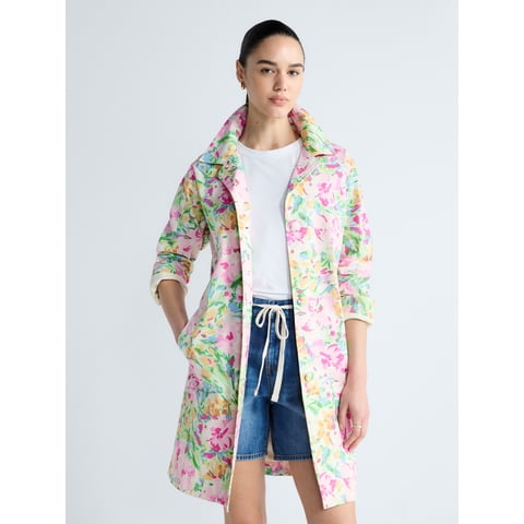 Women's and Women's Plus Floral Car Coat with Long Sleeves, Sizes XS-4X