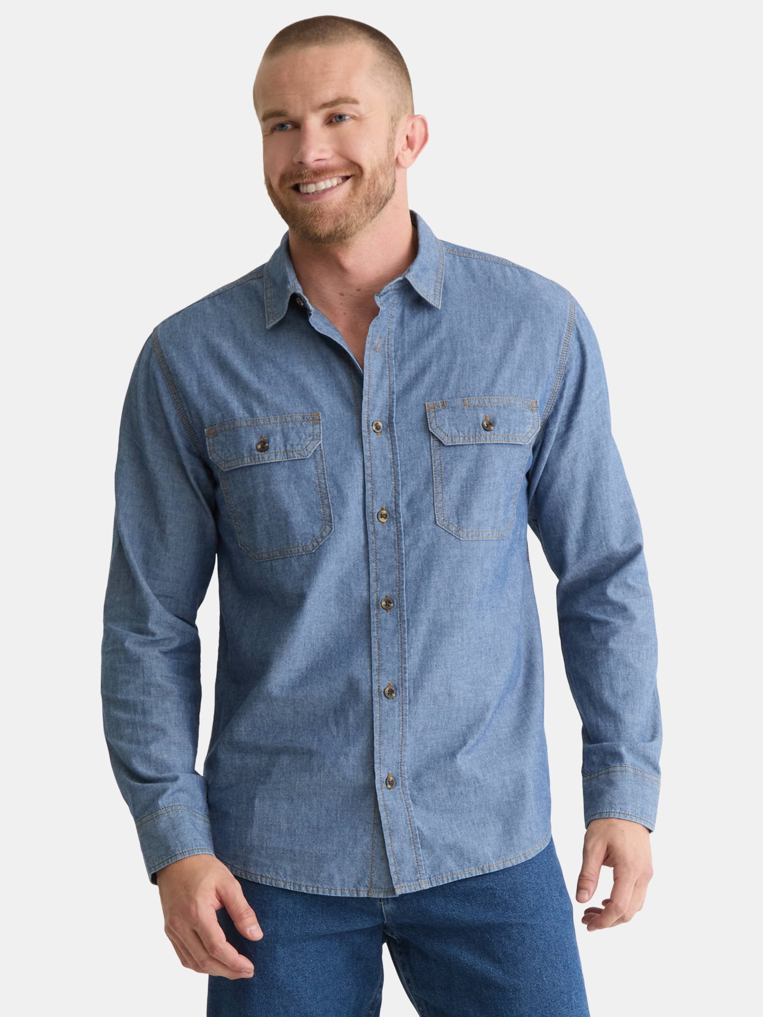 BRAHMA Mens Chambray Shirt with Long Sleeve, Sizes S-3XL