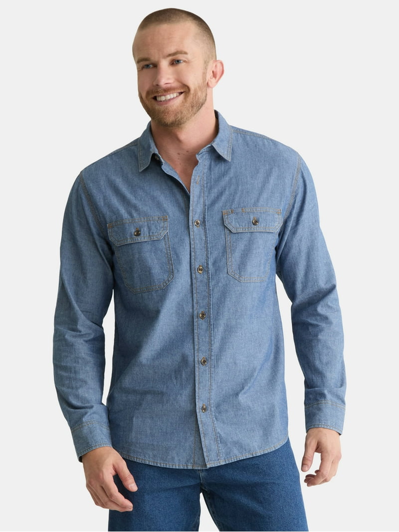 Brahma Men's and Big Men's Chambray Shirt with Long Sleeves, Sizes
