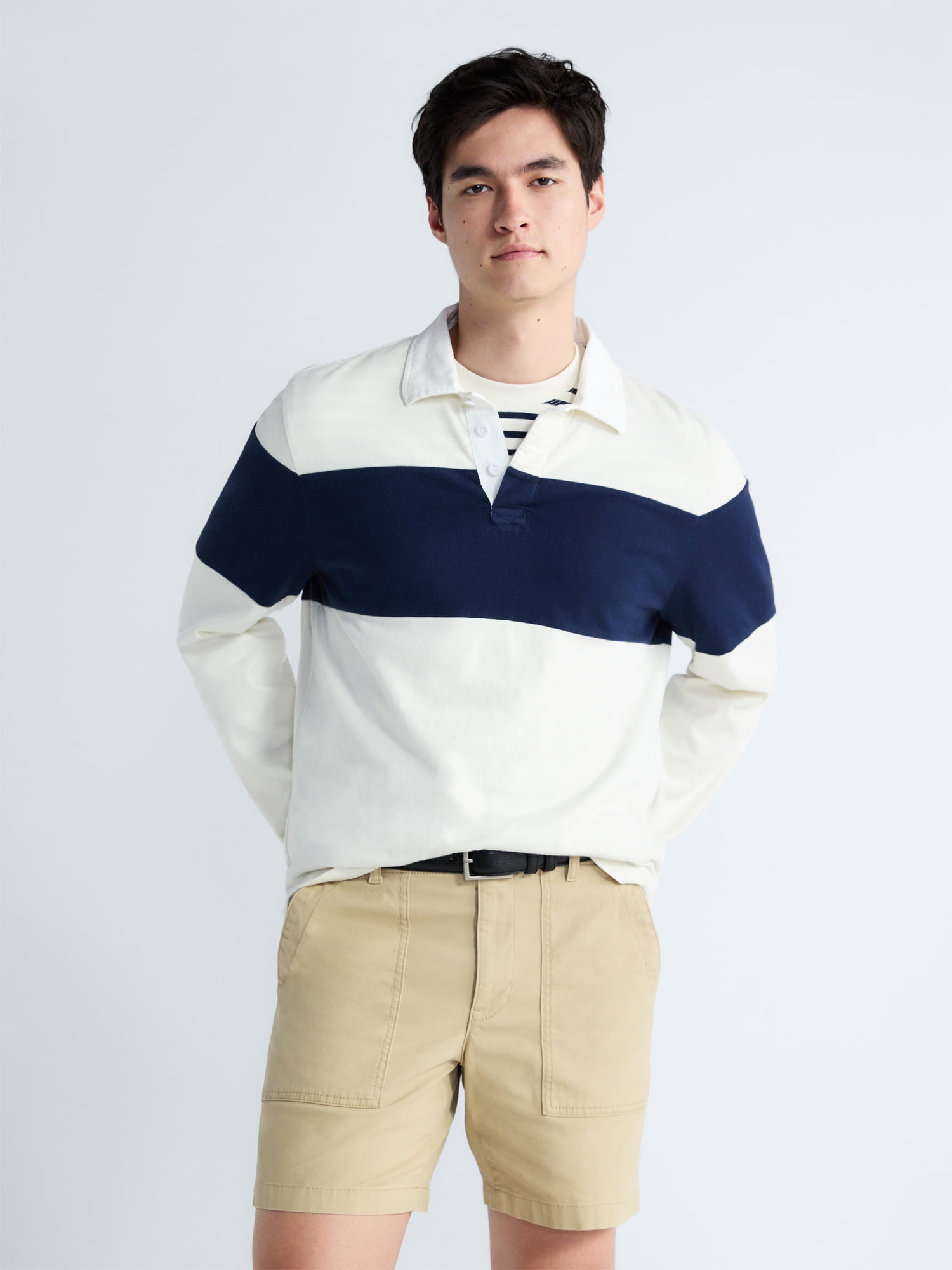 Free Assembly Men's Striped Cotton Rugby Shirt with Long Sleeves