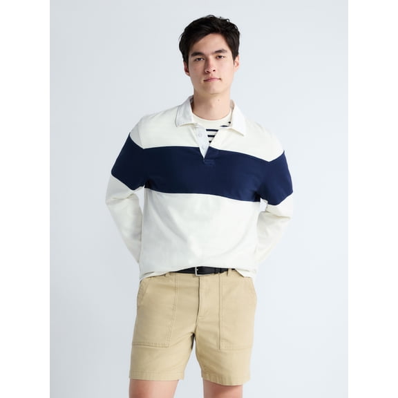 Free Assembly Men's Striped Cotton Rugby Polo with Long Sleeves, Sizes S-3XL