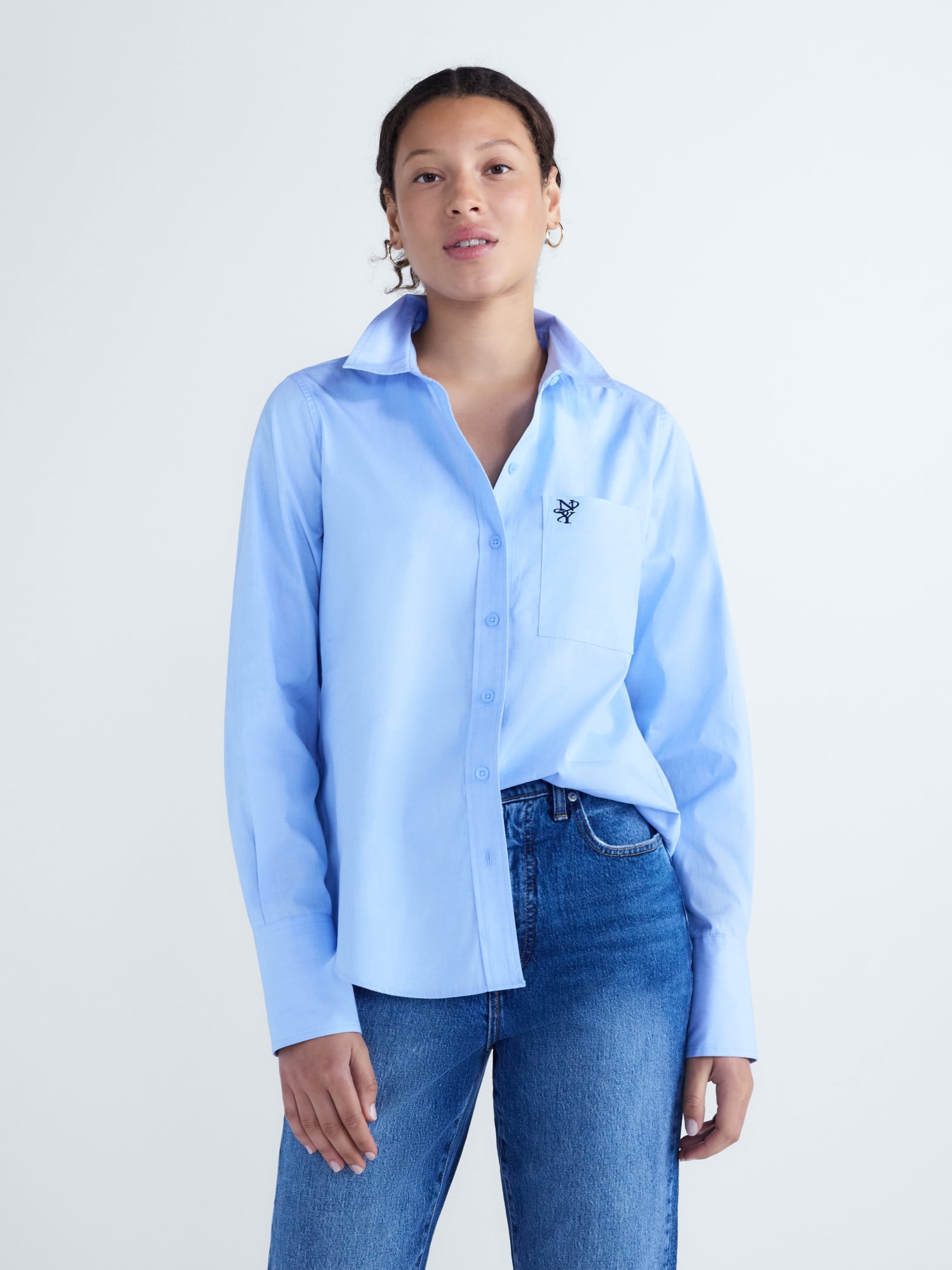 Free Assembly Women's and Women's Plus Button Front Cotton Shirt, Sizes XS-4X
