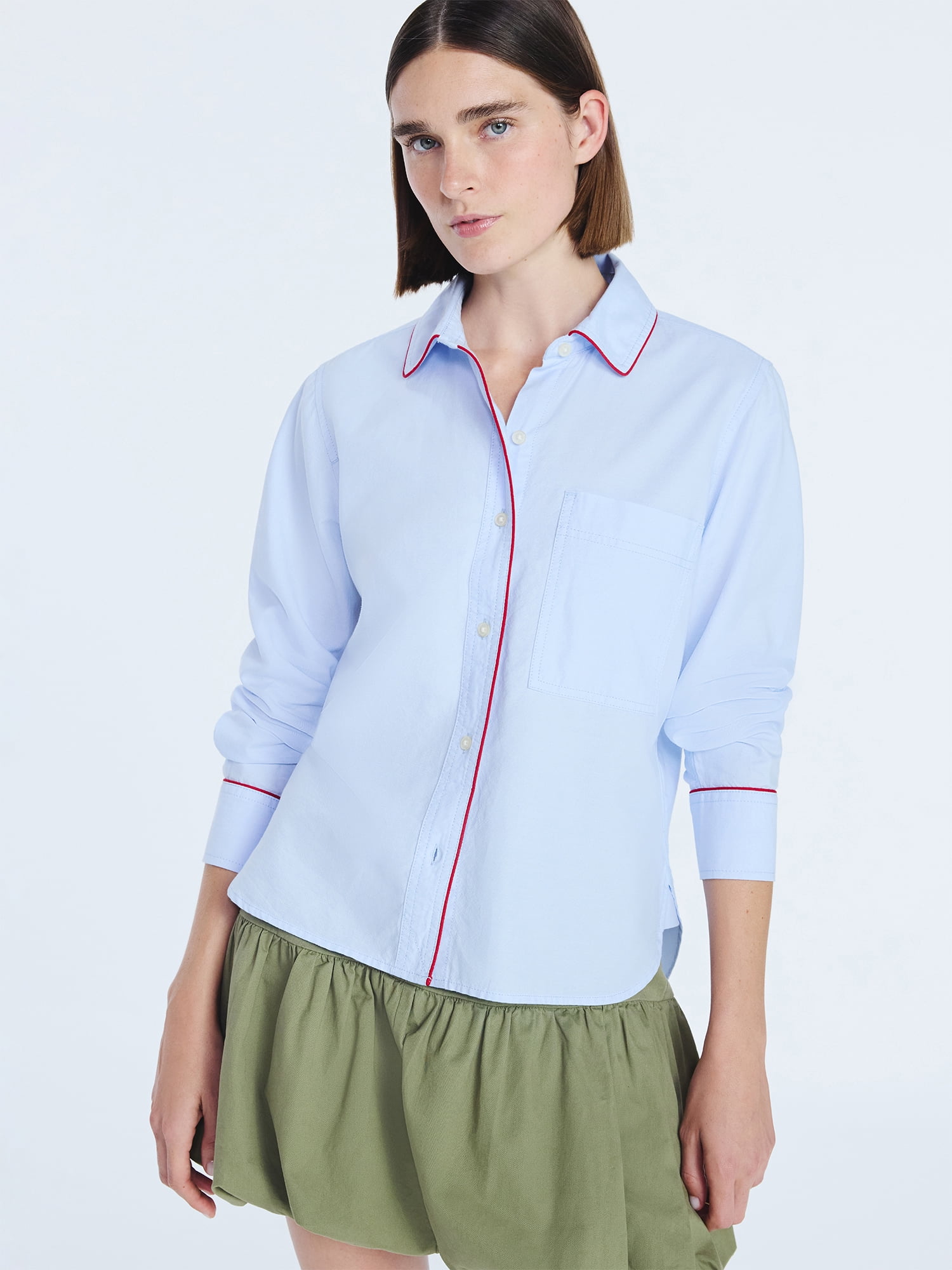 Free Assembly Women's Contrast Piped Cotton Shirt with Long Sleeves, Sizes XS-XXL