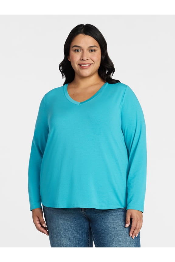 Women's Plus Size V-Neck Tee with Long Sleeves, Sizes 0X-5X