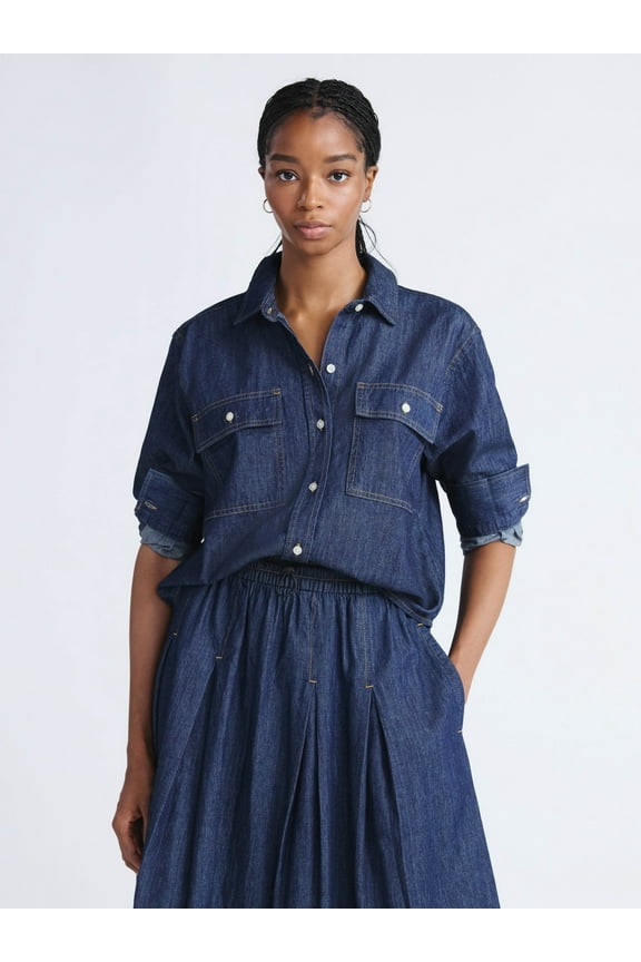 Women's Cropped Denim Utility Shirt with Long Sleeves, Sizes XS-2XL