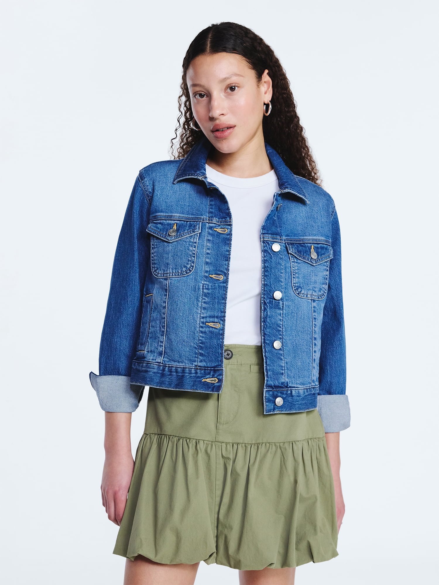Free Assembly Women's Cropped Denim Jacket with Long Sleeves