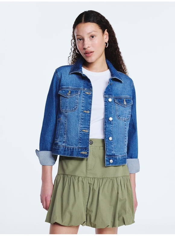 Women's Cropped Denim Jacket with Long Sleeves, Sizes XS-XXL