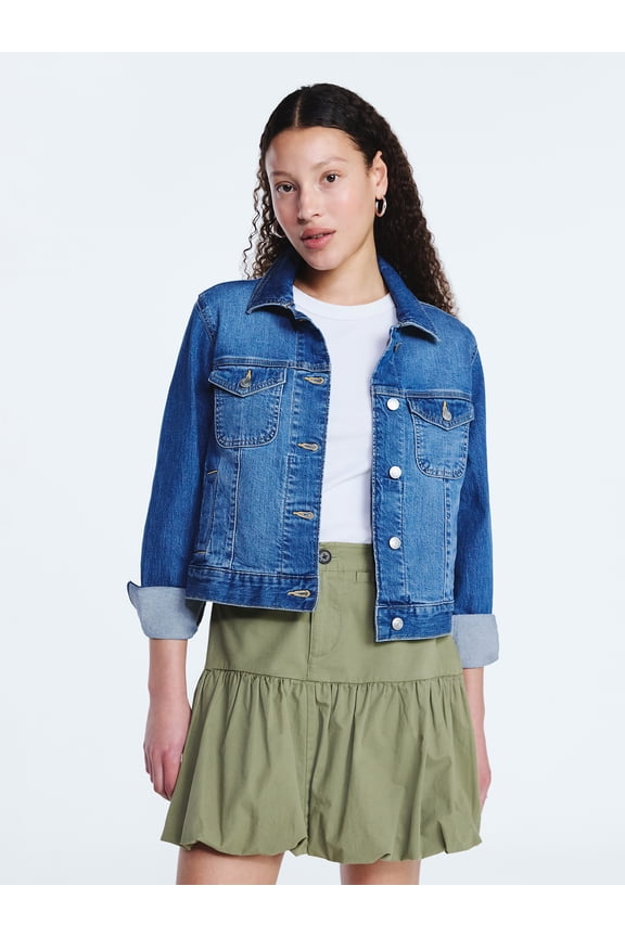 Women's Cropped Denim Jacket with Long Sleeves, Sizes XS-XXL