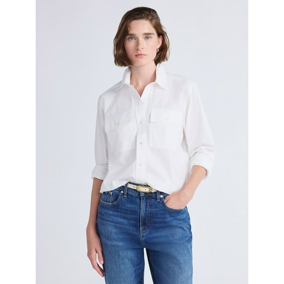 Free Assembly Women's Cropped Cotton Utility Shirt with Long Sleeves, Sizes XS-XXL