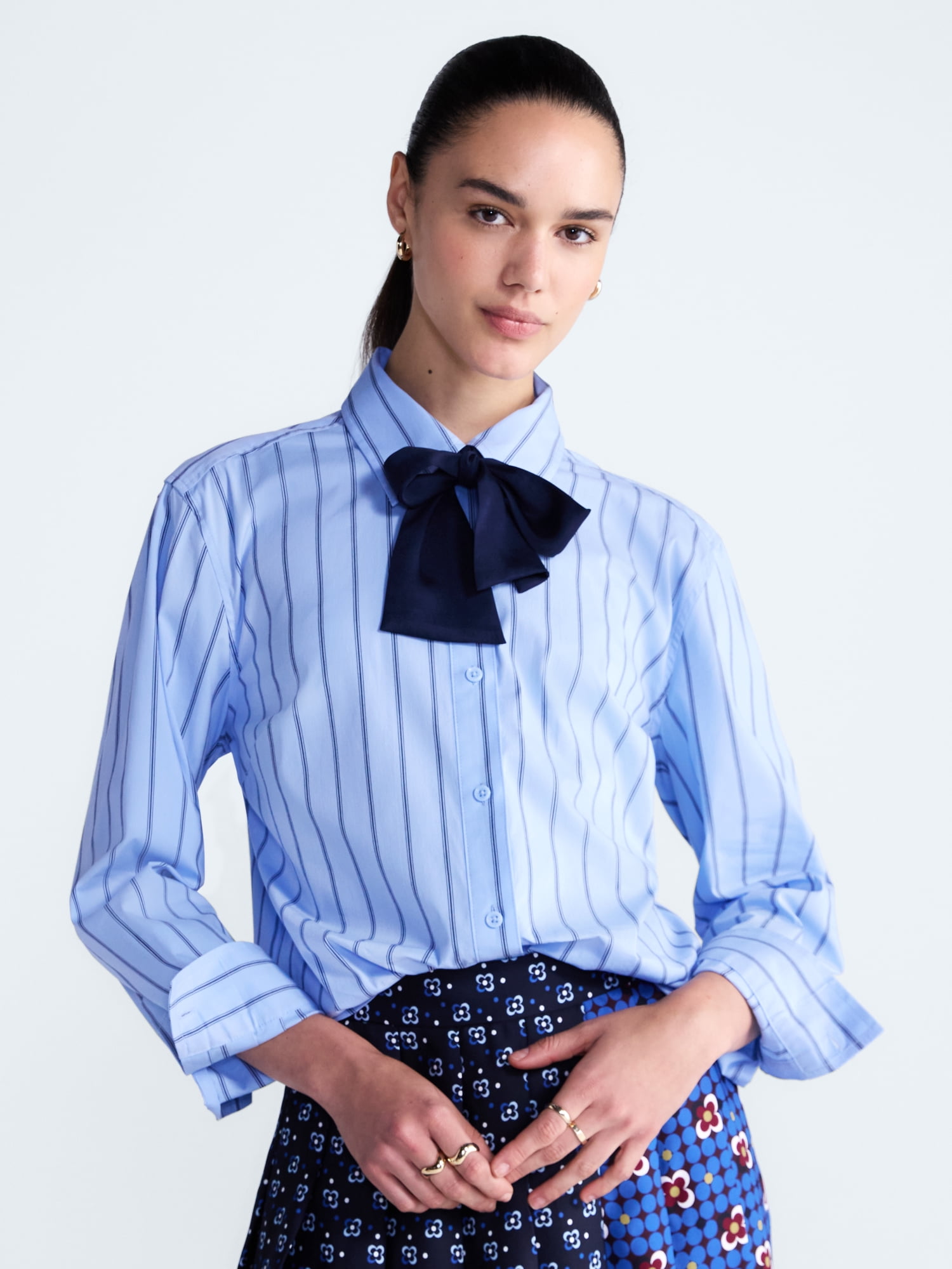 Free Assembly Women's and Women's Plus Button Front Shirt with Satin Tie, Sizes XS-4X