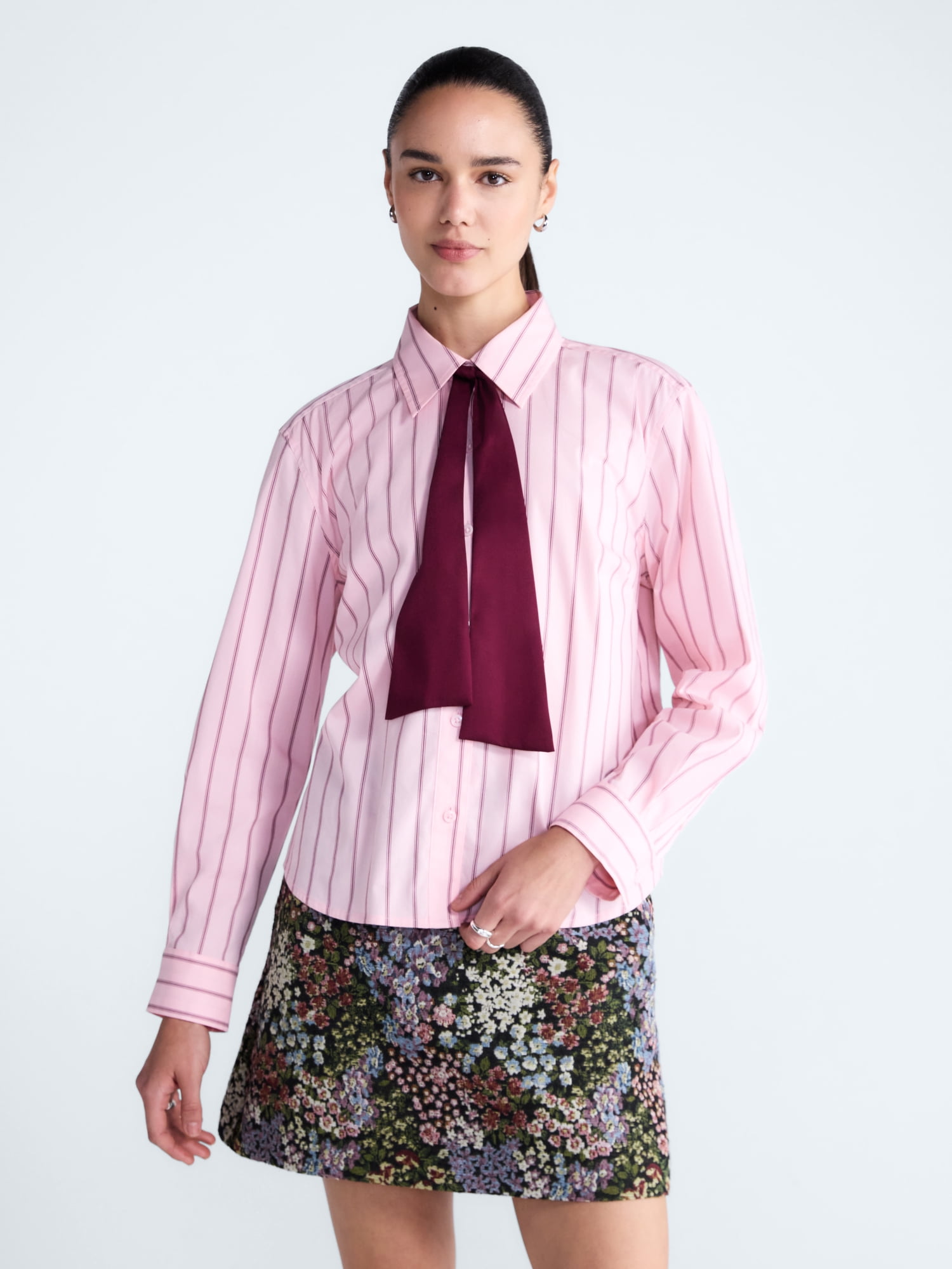Free Assembly Women's and Women's Plus Button Front Shirt with Satin Tie, Sizes XS-4X