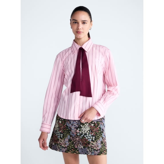Free Assembly Women's Button Front Shirt with Satin Tie, Sizes XS-4X