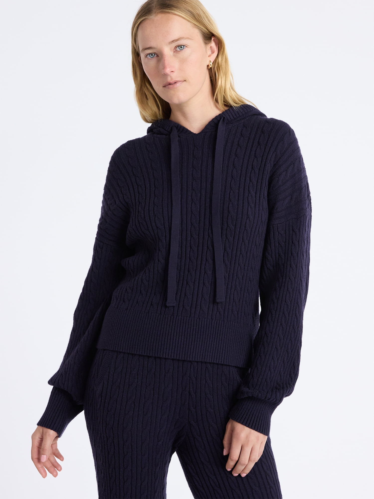 Free Assembly Women's Cozy Yarn Cable Knit Hoodie Sweater, Midweight, Size XS-XXL