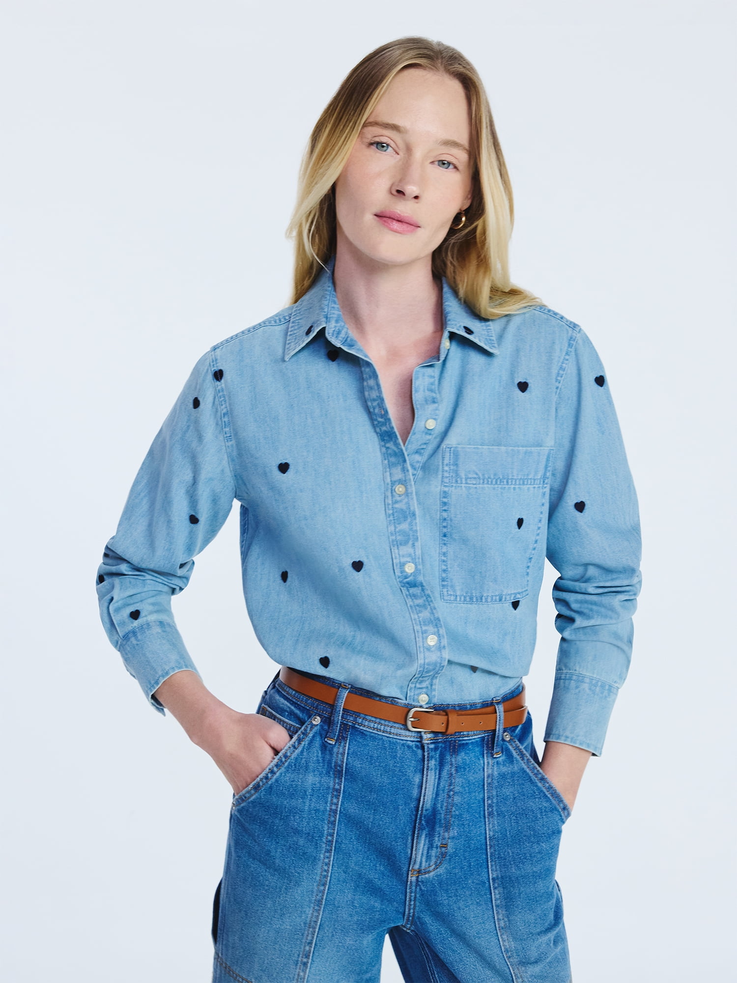 Long Sleeve Forever 21 Plus Size Denim Shirt Free Assembly Women's And  Women's Plus Embroidered Hearts