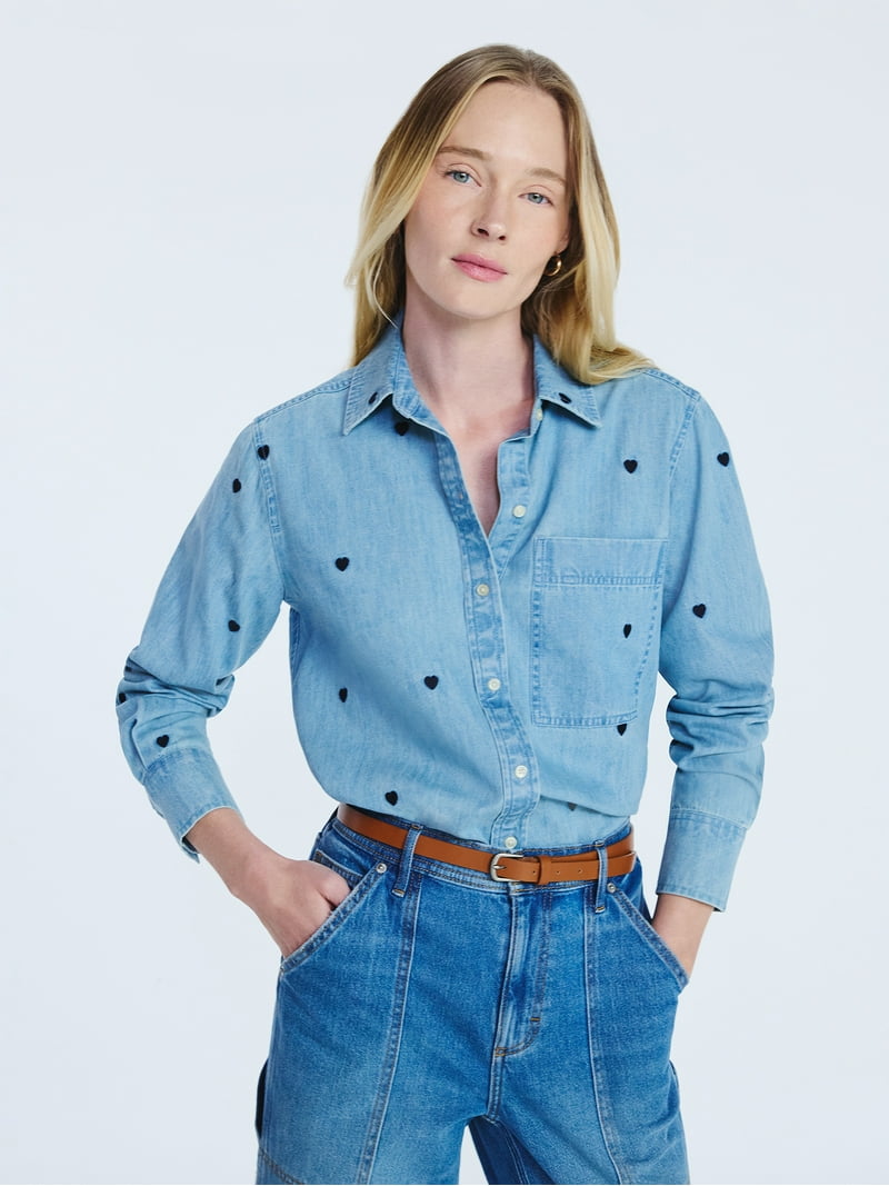 Free Assembly Women's and Women's Plus Embroidered Hearts Denim Shirt with Long Sleeves, Sizes XS-4X - Walmart.com Free Assembly Women's and Women's Plus Embroidered Hearts Denim Shirt with Long Sleeves, Sizes XS-4X - Walmart.com